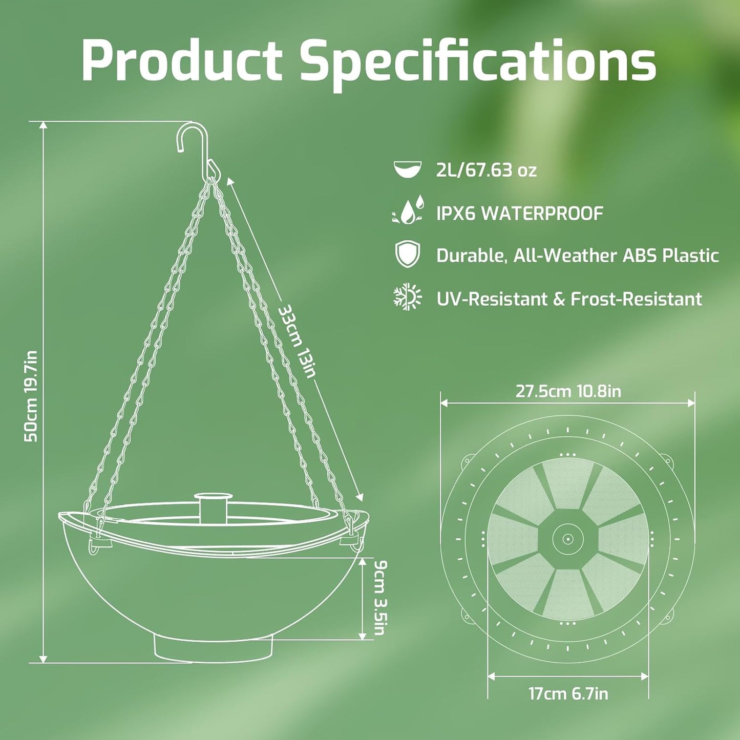 Solar Bird Bath with Fountain and Battery Backup, 3-in-1 Hanging or Freestanding Birdbath, Low-Water Protection & 3 Nozzles for Garden Patio Decor (Sky Blue)