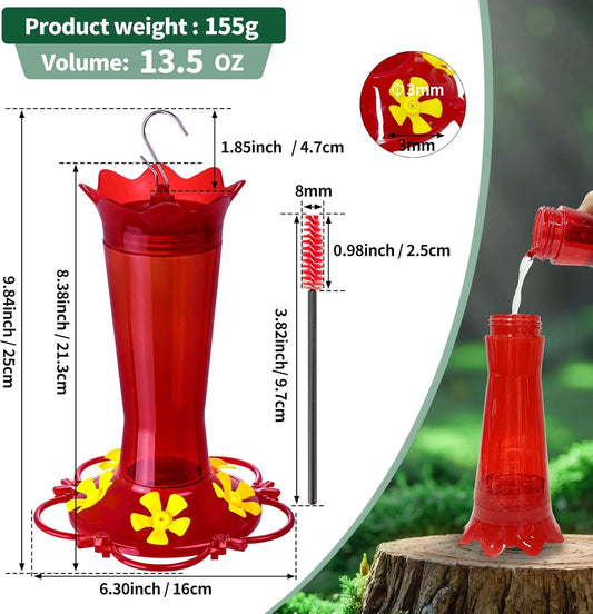 2Pcs Hummingbird Feeders for Outdoors - 5-Flower-Shaped Feeding Ports 13.50 oz Red Hanging Plastic Humming Bird Feeder with Built-in Ant Moat, Perches for Outside Garden Yard Decorative