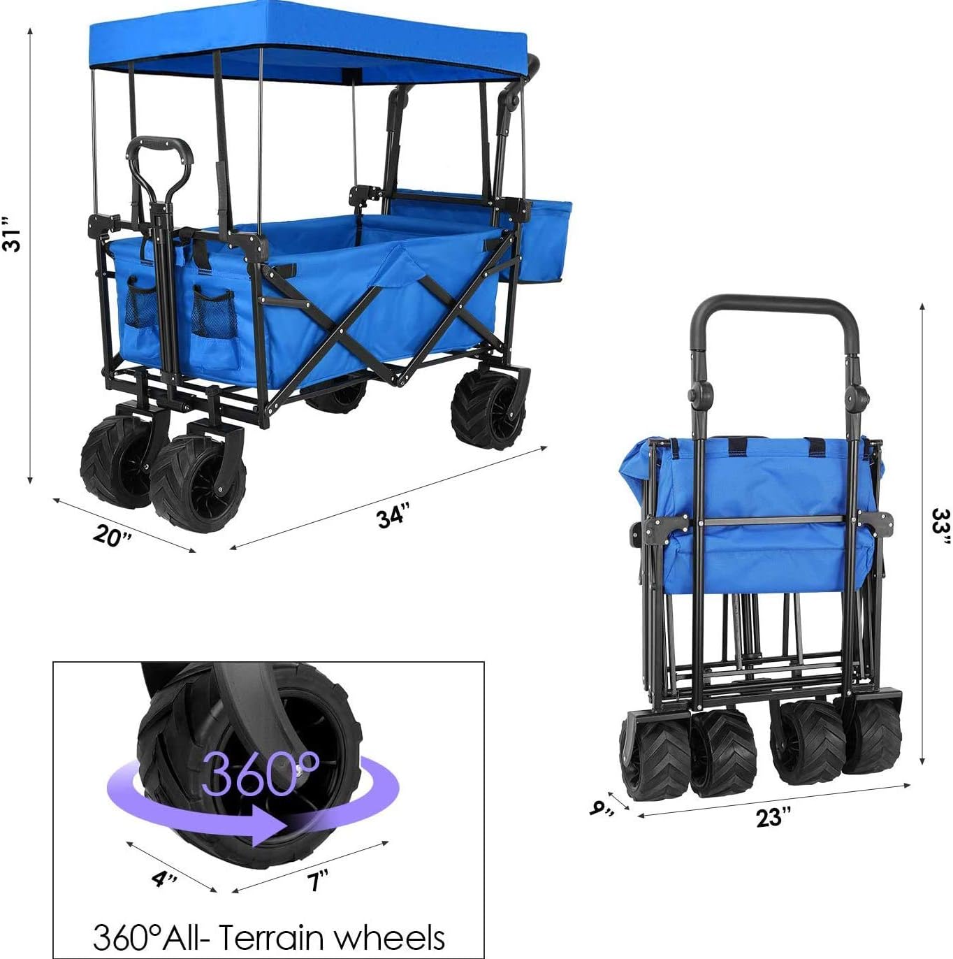 Collapsible Utility Wagon, Heavy Duty Folding Portable Push and Pull Hand Cart with Removable Canopy, for Shopping, Picnic, Beach, Camping (Blue) (Blue)