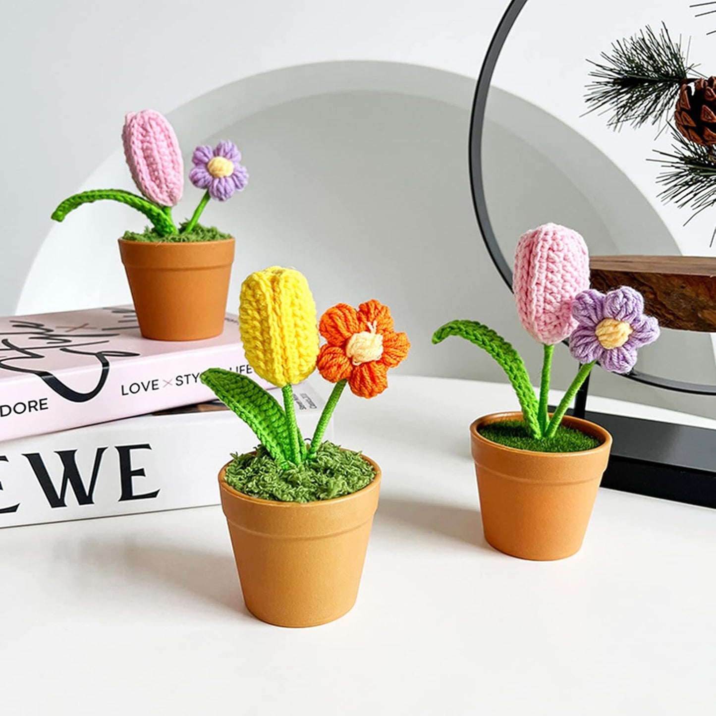 Potted Plants,Handwoven Bouquet Potted Knitted Bouquet Accessory Household for Indoor Outdoor Garden Yard Supplies