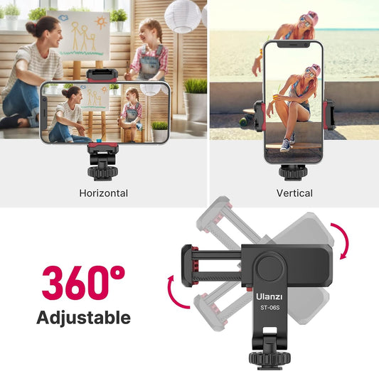 ULANZI ST-06S Phone Tripod Mount, Universal Smartphone Mount Adapter with 2 Cold Shoe, 360° Rotates Adjustable Cell Phone Clip Clamp Holder, Compatible with iPhone 17/16/15, Samsung Galaxy Cell Phones