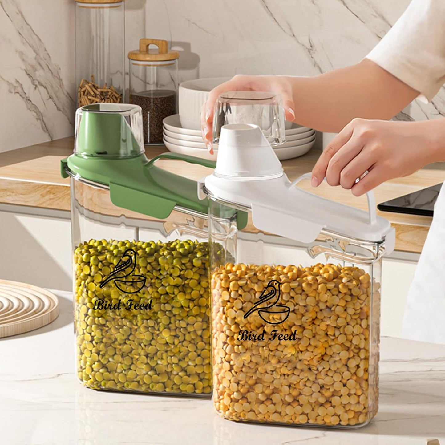 Bird Seed Storage Container Portable-3 Qt/2.8 L Clear Pet Food Container-with Measuring Cup/Lid,Airtight Wild Bird Seed Dispenser for Storing Sunflower Seed|Squirrel proof|BPA Free-White