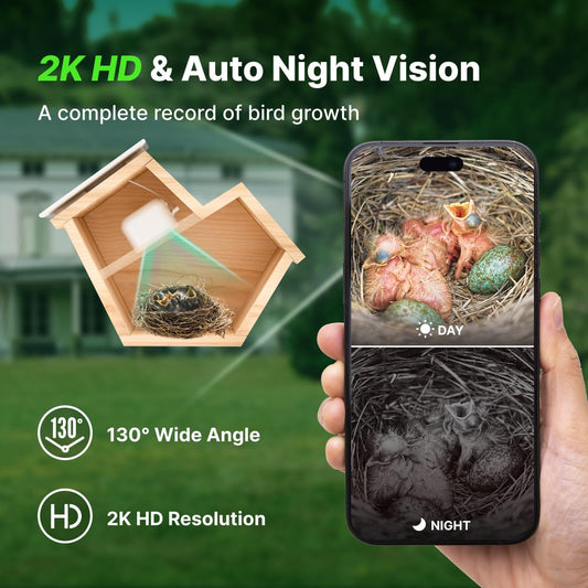 Smart Birdhouse with 2K HD Camera, Solar Powered & Battery, Night Visi