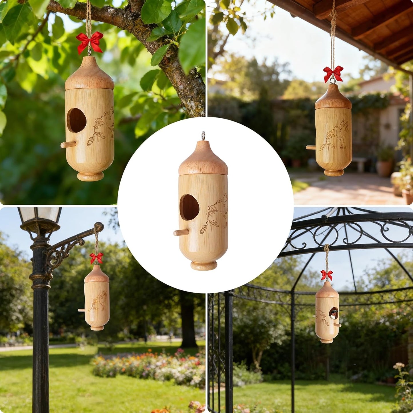 Hummingbird House, Wooden Hummingbird Houses for Outside Hanging, Nest Swinging, Wooden Bird Houses with Cotton, Bow, String, Gardening Gifts Decoration (1 Pack)