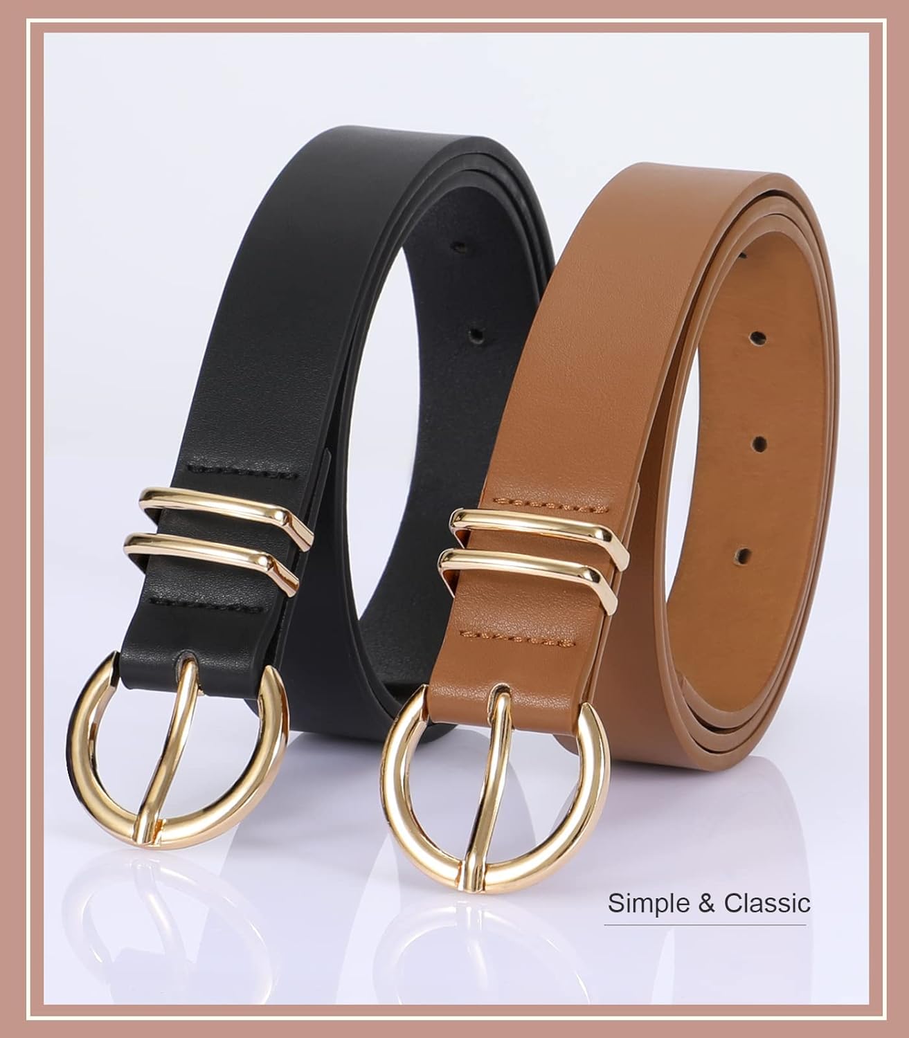 VONMELLI 2 Pack Women's Leather Belts for Jeans Dresses Fashion Gold B