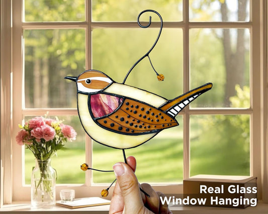 Carolina Wren Stained Glass Window Hanging - Handmade Real Glass Bird Suncatcher for Women, Mom, Grandma - Elegant Gifts Box Home Decor (H7.9xW6.1 Inch)