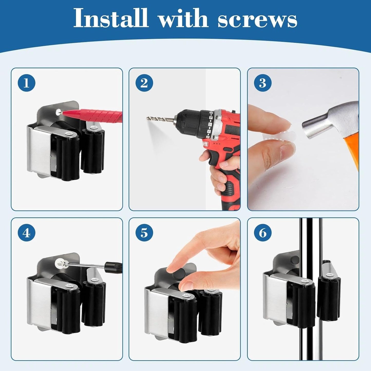 8 Pack Mop and Broom Holder Wall Mount, Heavy Duty Broom and Mop Organizer Wall Hanging Command Broom Holder with Screws, Mop Hanger for Kitchen Laundry Garden Tool Organizer