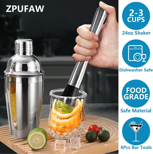 6-Piece Cocktail Shaker Set 24oz Shaker Strainer Muddler Jigger Mixing Spoon Pour Spout Bartender Kit Stainless Steel Bar Set Housewarming Gift