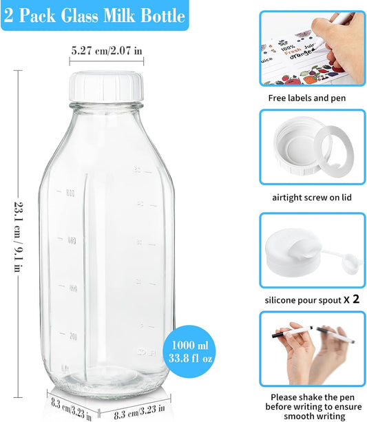 2 Pack Glass Milk Bottle with 2 Dispenser Caps, 100% Airtight Heavy Du