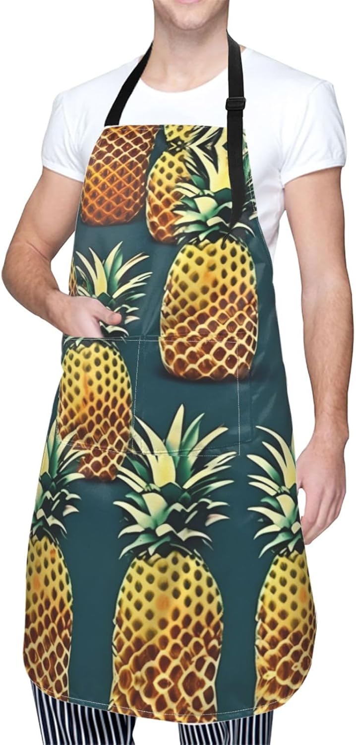 Retro Pineapple print Waterproof chef's apron with pocket apron for kitchen cooking baking barbecue and gardening