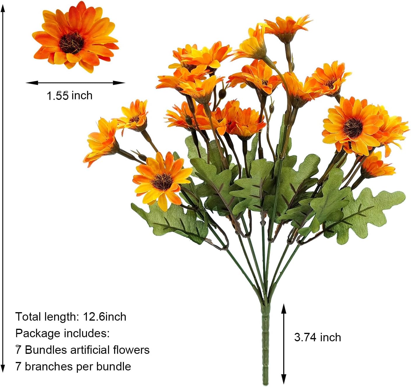 7 Bundles Fake Mums Artificial Fall Flowers for Outdoors Silk Daisy Floral Faux Mum Plants for Home Decor Indoor Outside Porch Pots Planters Potted Decorations (Orange)