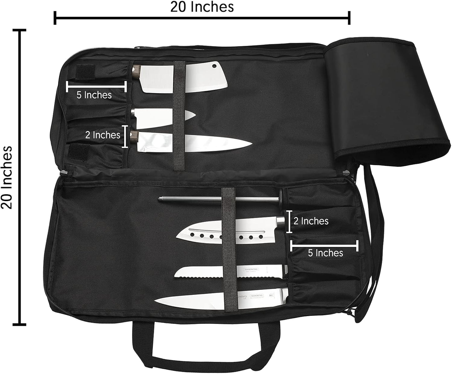EVERPRIDE Chef Knife Bag Holds 20 Knives PLUS Large Zippered Compartment for Kitchen Tools – Durable, Large Knife Bag for Chefs – Knives Not Included