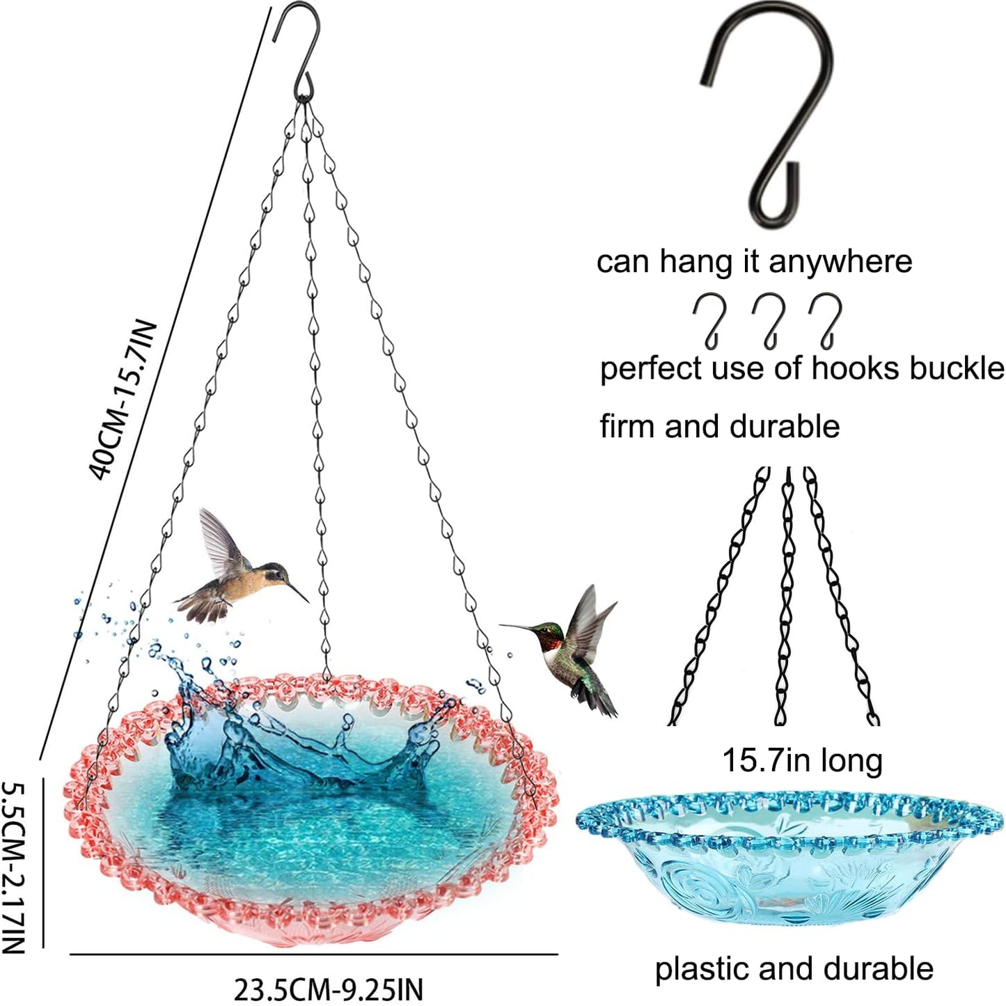 4 Pack Super Value Hanging Plastic Bird Baths and Feeders for Outdoors Bird Water Bowls and Seed Trays Set Attract Wild Birds Garden Yard Decor Gift (Blue Pink Gray Purple)