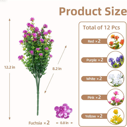 Artificial Flowers, Artificial Plants Outdoor for Spring Summer, Realistic Fake Flowers, for Garden, Porch, Patio, Party Wedding Decoration (12, Purple, Red, Pink, White, Yellow, Fuchsia)