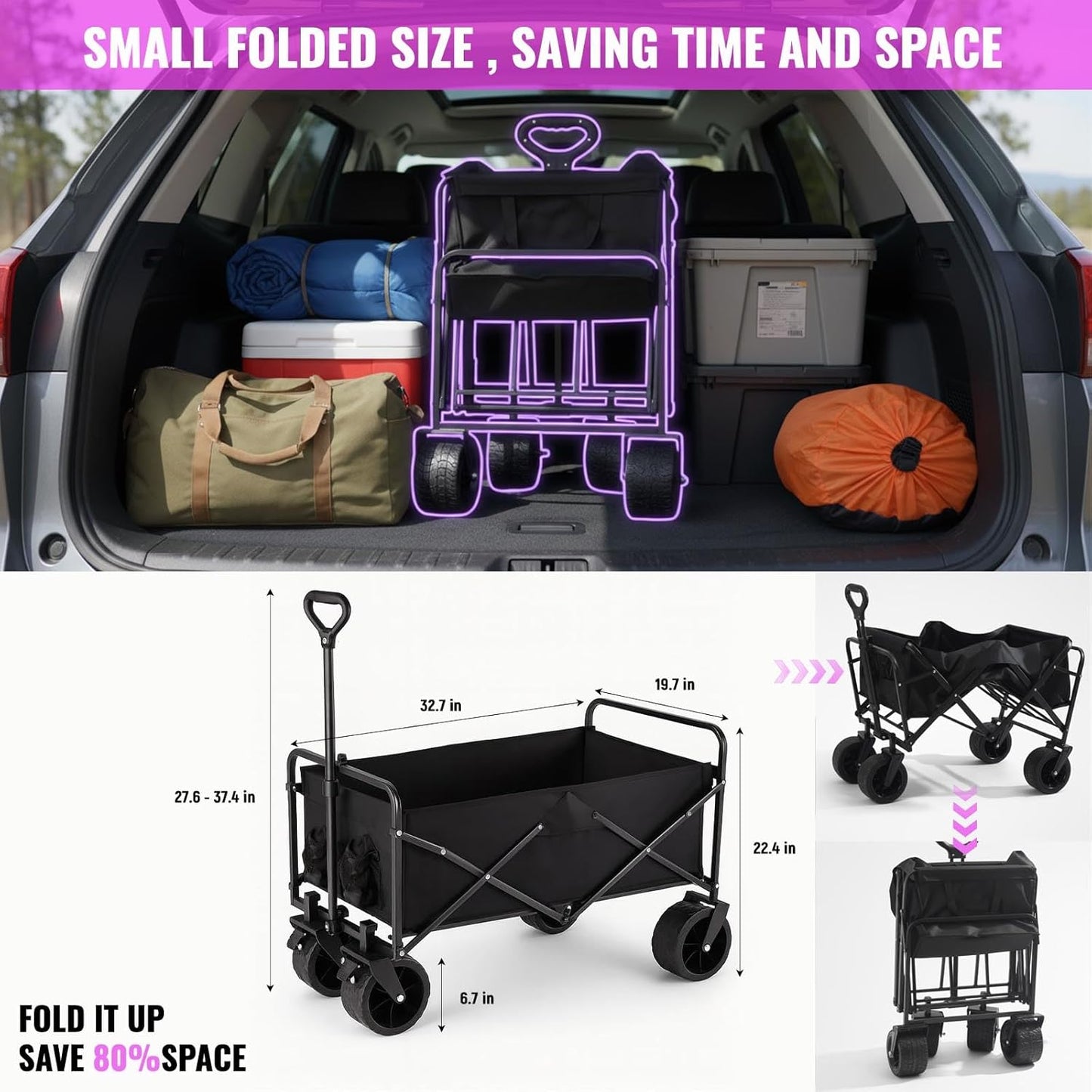180L Collapsible Wagons Carts,Foldable Shopping Wagon Cart,500lbs Weight Capacity Beach Wagon with Wheels,Collapsible Folding Utility for Camping, Garden, Sports, Shopping (Black)