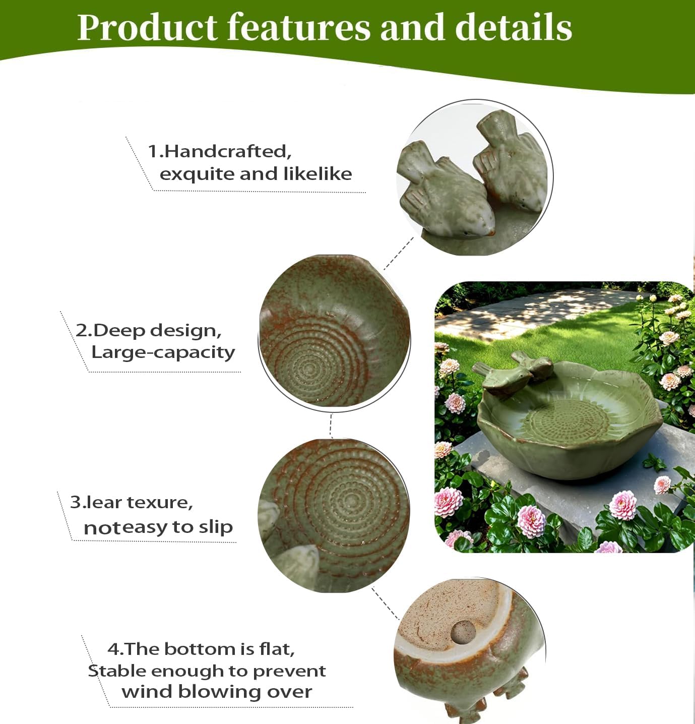 Ceramic Bird Bath for Outdoors,Ground & Tabletop Decor, Ground Feeders Bird Bath Feeding Bowl for Outdoors, Garden Deck, Balcony,Yard, Lawn. (Small birdbath)