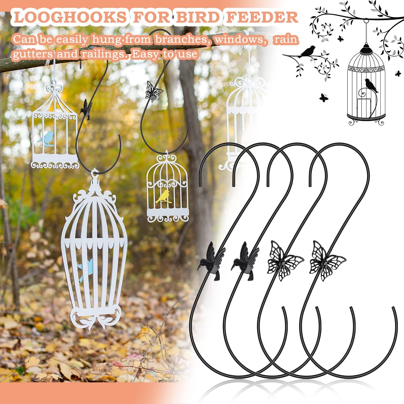 4PCS Metal Hummingbird Feeder Hook,Stainless Steel Bird Feeder Hook Hanger 12-Inch,Tree Branch Hook,Metal Hanging S Hooks,Plant Hangers Outdoor for Hang Bird Feeder,Wind Chimes,Lanterns,Hanging Plants