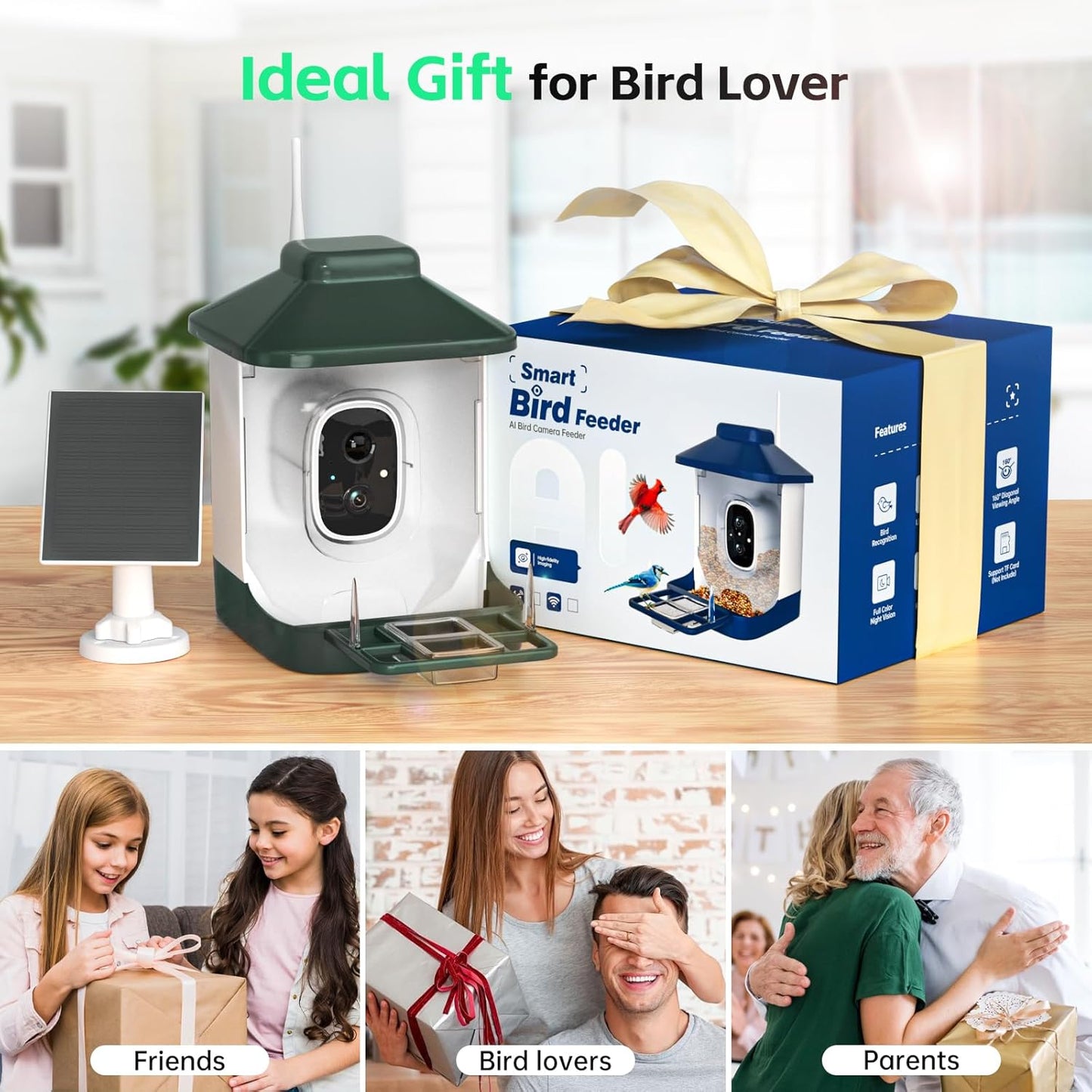Smart Bird Feeder with Camera, AI Identify Bi rd Species Solar Powered,Full HD Live Video Bird Feeder Camera, 2.4Ghz WiFi, Instant Arrival Alerts - Best Gifts for Bi rd Lover
