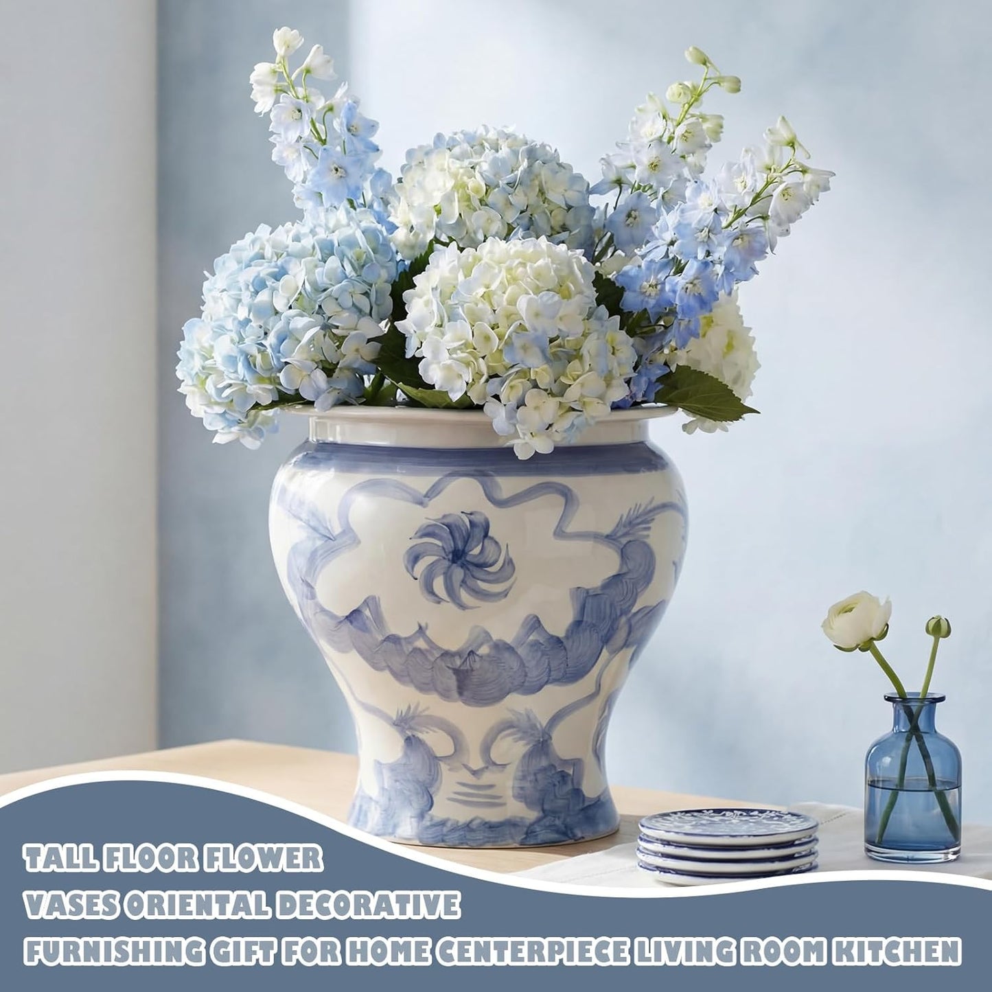 12'' Ceramic Blue and White Planter Large Chinoiserie Vase Plant Pot Indoor Porcelain Flower Pot Urn Scroll Vase with Drainage Hole Chinese Oriental Decorative Gift for Gardening Home