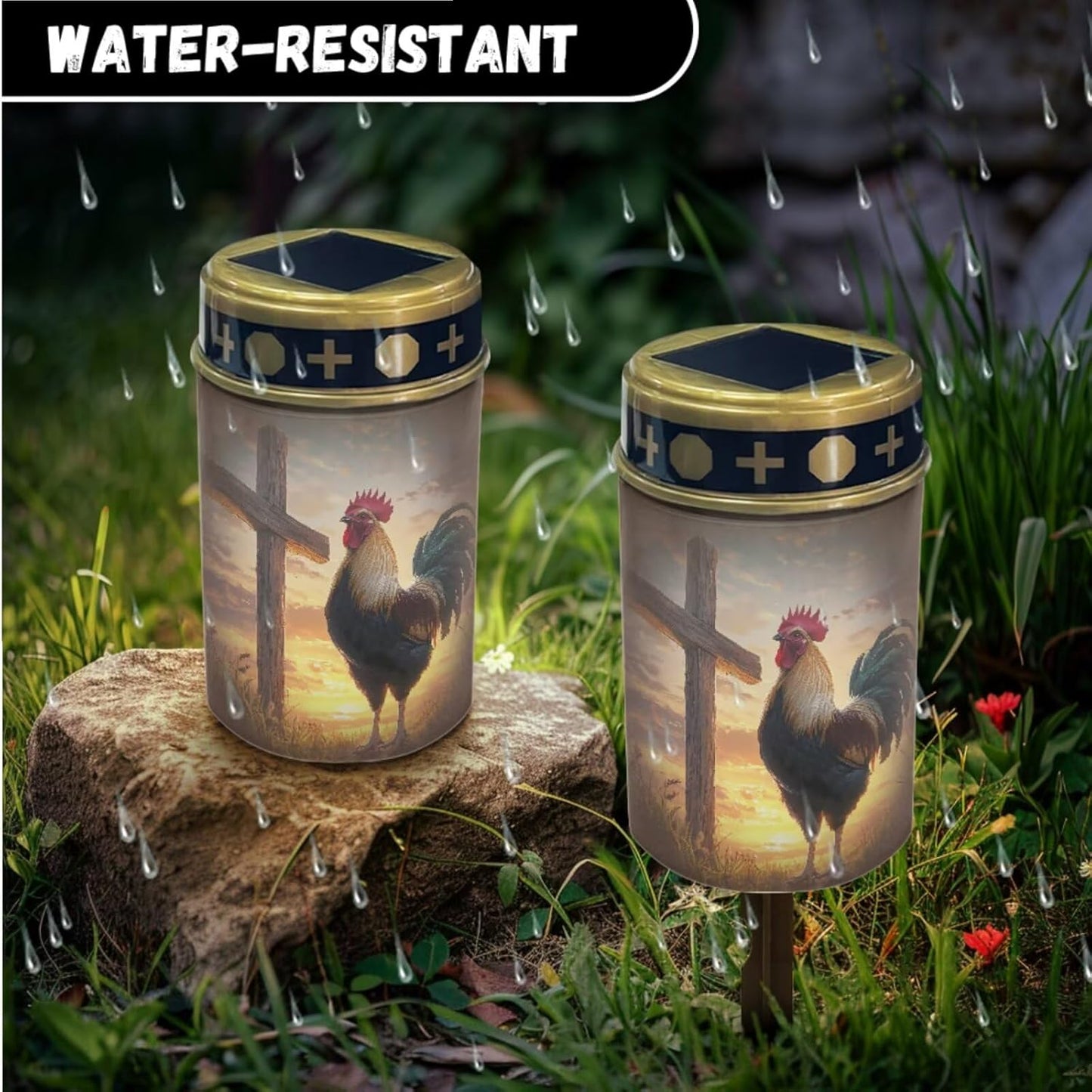 Merkmak Set of 2 Cemetery Solar Lights for Grave Sunset Cross Chicken Pathway Lights Solar Powered Memorial Flameless Candle for Prayer Cemetery Decorations