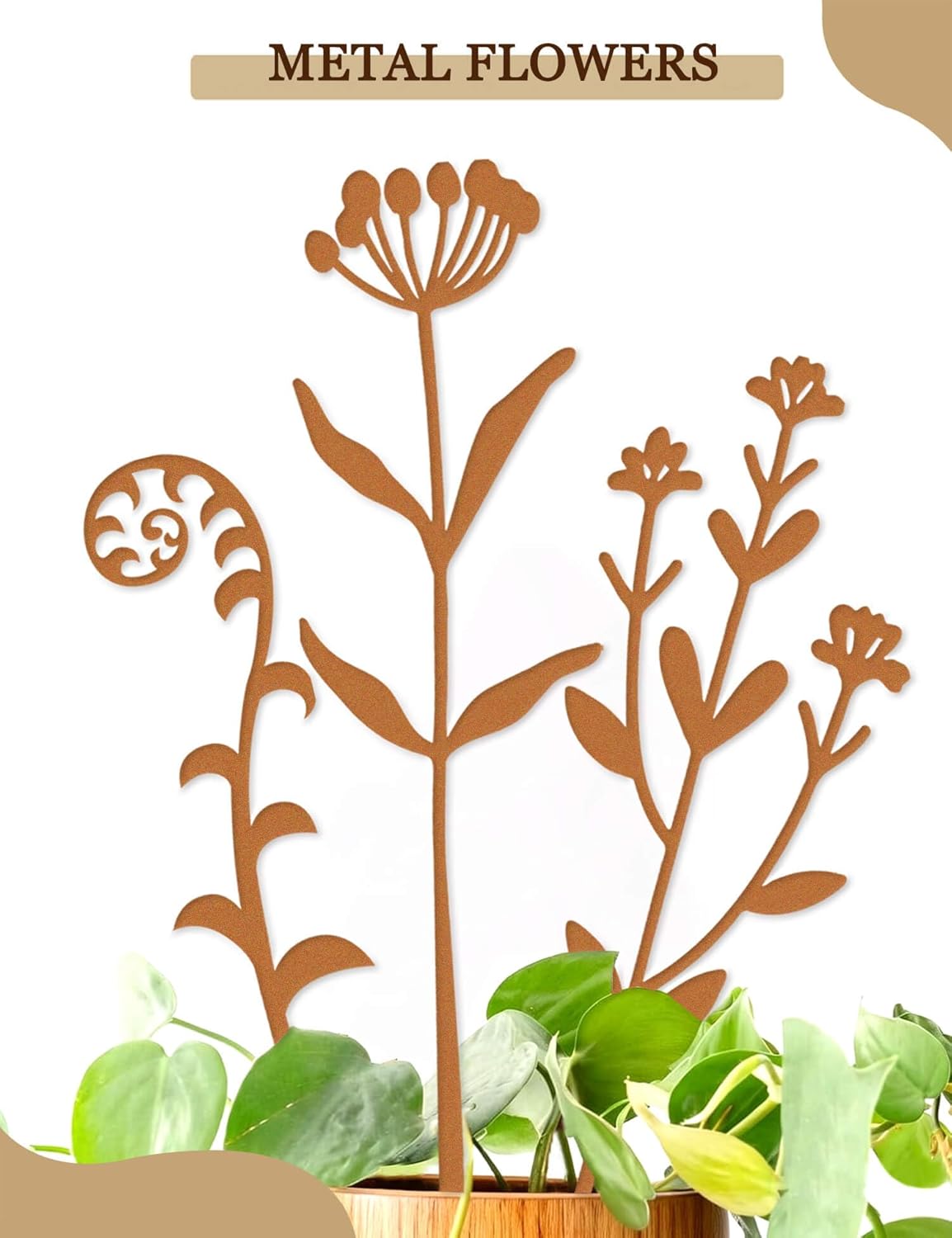 10pcs Metal Flowers for Garden - Antique Rust Finish Decorative Plant