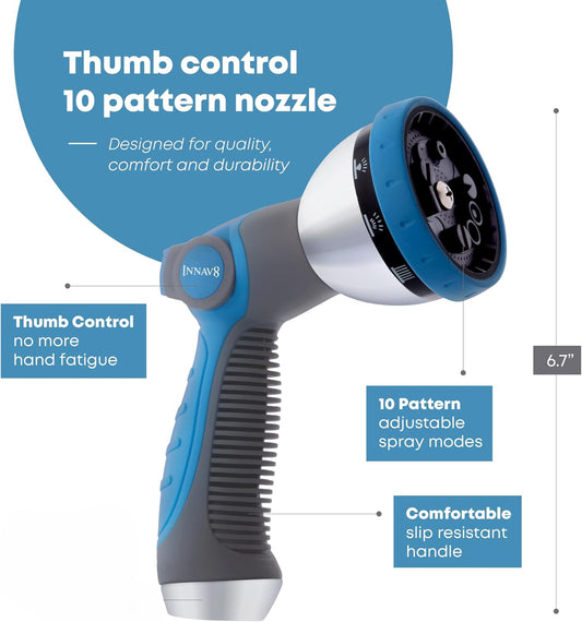INNAV8 Garden Hose Nozzle Heavy Duty - Features 10 Spray Patterns, THU