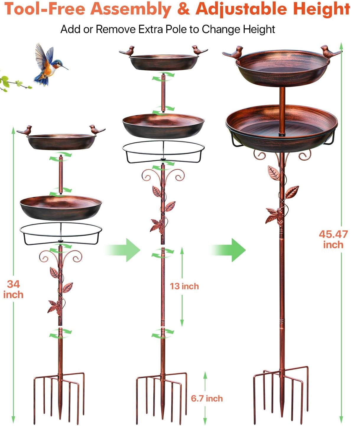 Metal Bird Bath for Outside - Outdoor Garden Decor Birdbath 2-Tier Water Bowl with Copper Finish Stake Adjustable Height 45'' Tall for Yard