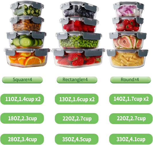 HOMBERKING 24pc Borosilicate Glass Food Storage Containers with Snap L