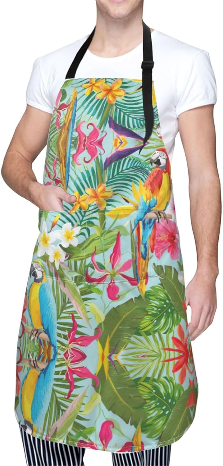 Tropical plants and parrots Print 28x33 In Adult Kitchen Apron with Po