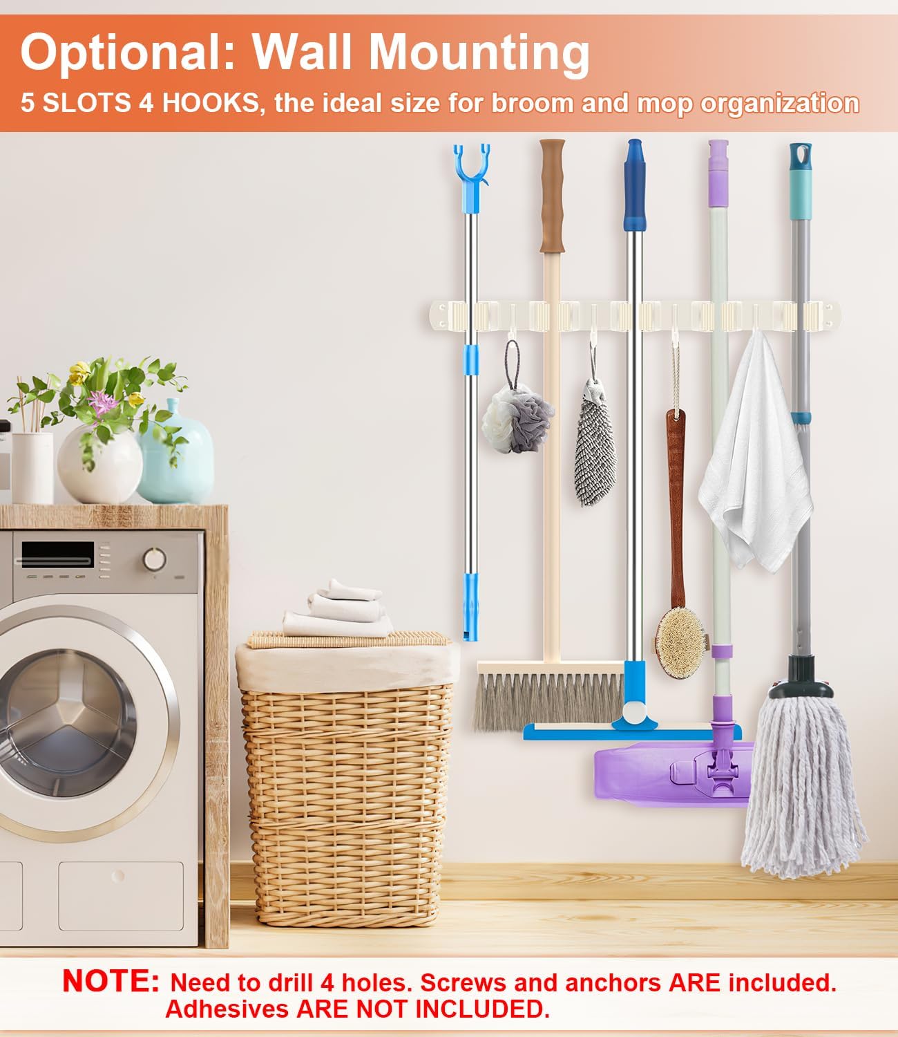 Broom Holder Over The Door Drilling Free Mop and Broom Holder with 4 Over Door Hook, Metal Mop and broom hanger Wall Mount Broom Storage Tool Organizer for Laundry Room Garage Bathroom - light beige