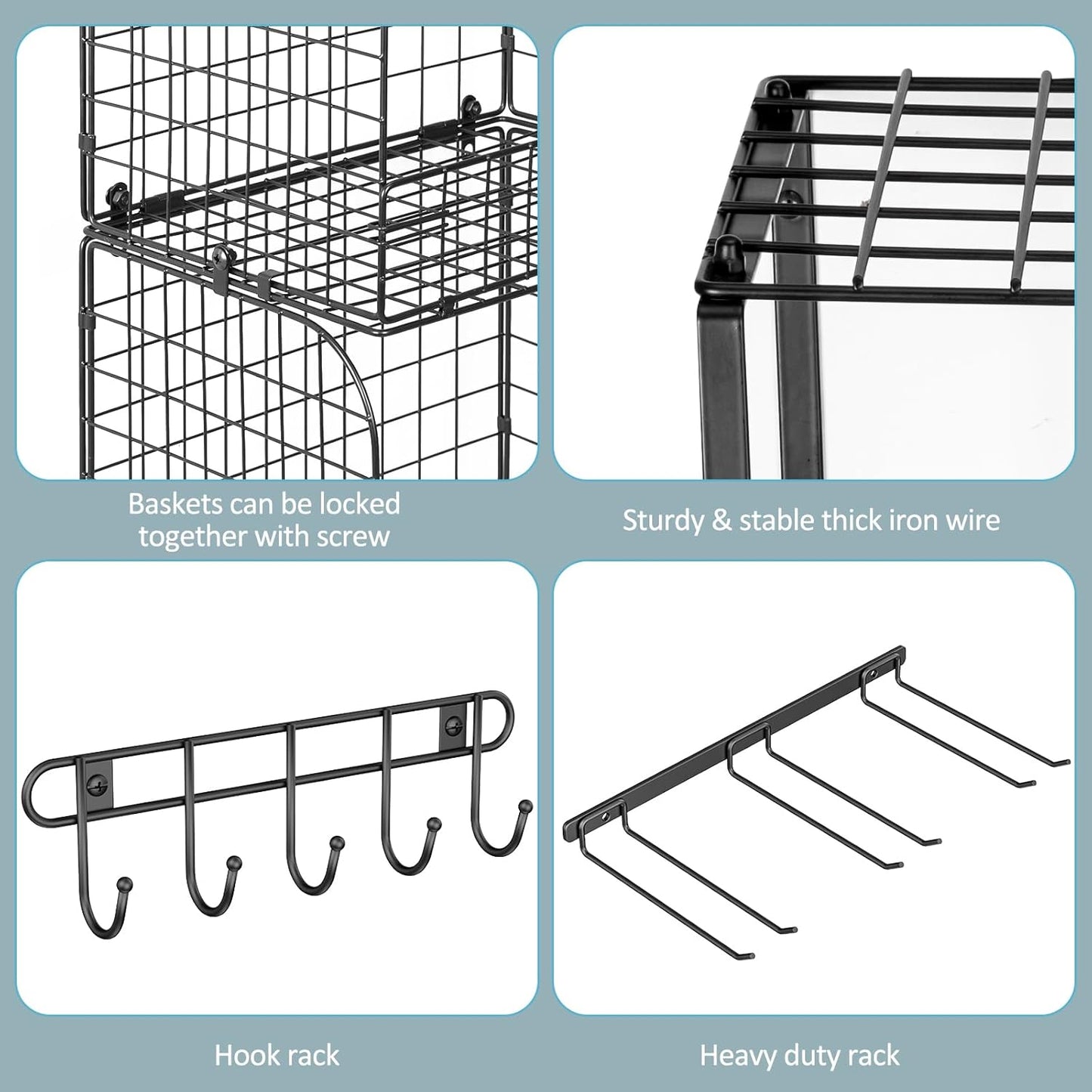 Garage Shelf Wall Mounted with Wire baskets, Heavy Duty Garage Wall Shelving with Garden Tool Rack and Hooks, Wire Shelf Baskets Tool Organizer for Home Garden Yard Organization and Storage