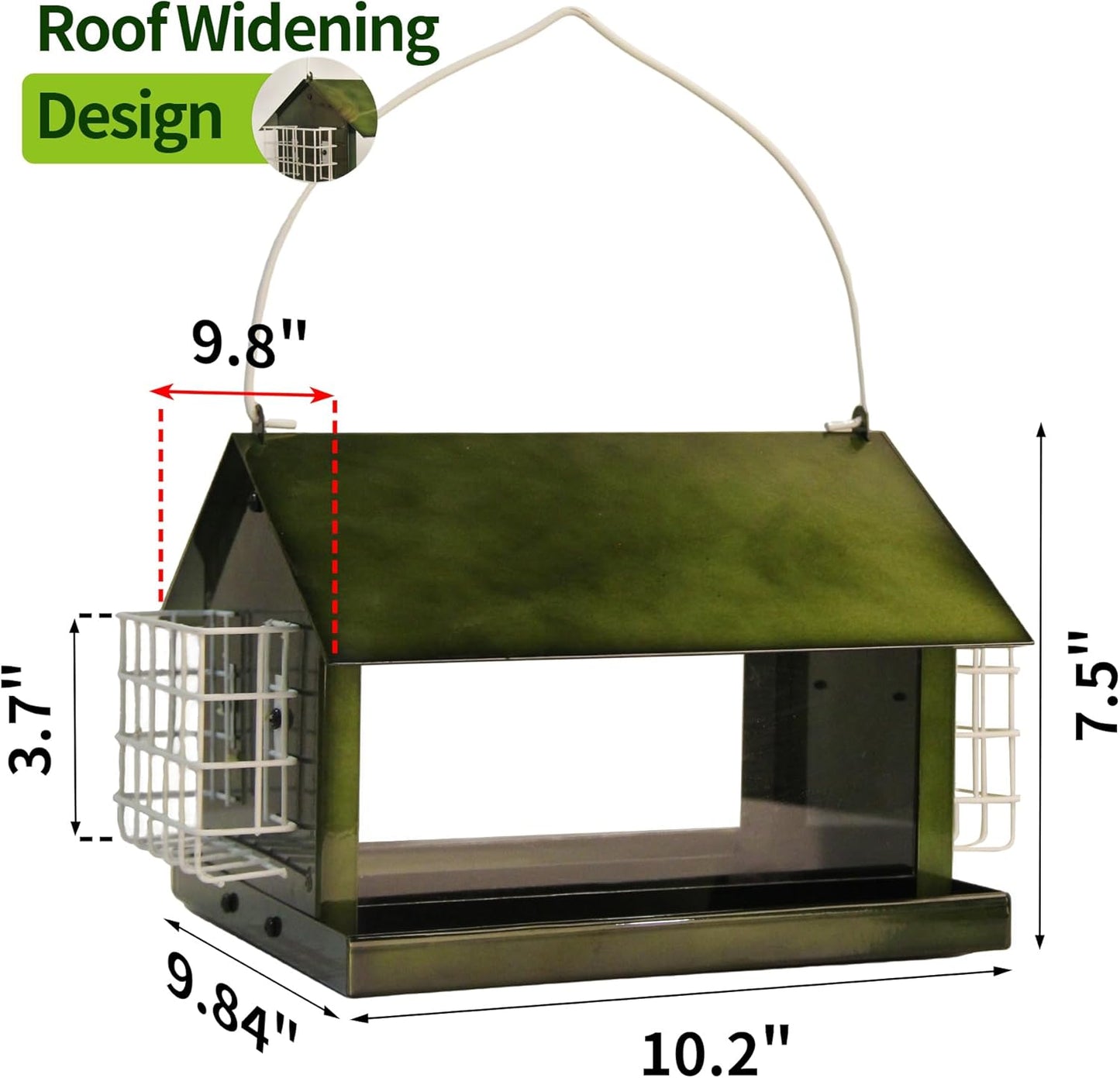 Solution4Patio Bird Feeders for Outdoors Hanging, All Metal, Double Suet Cake and Large Capacity, Hopper Tray & Weatherproof for Finch, Cardinal & Chickadee (Green)