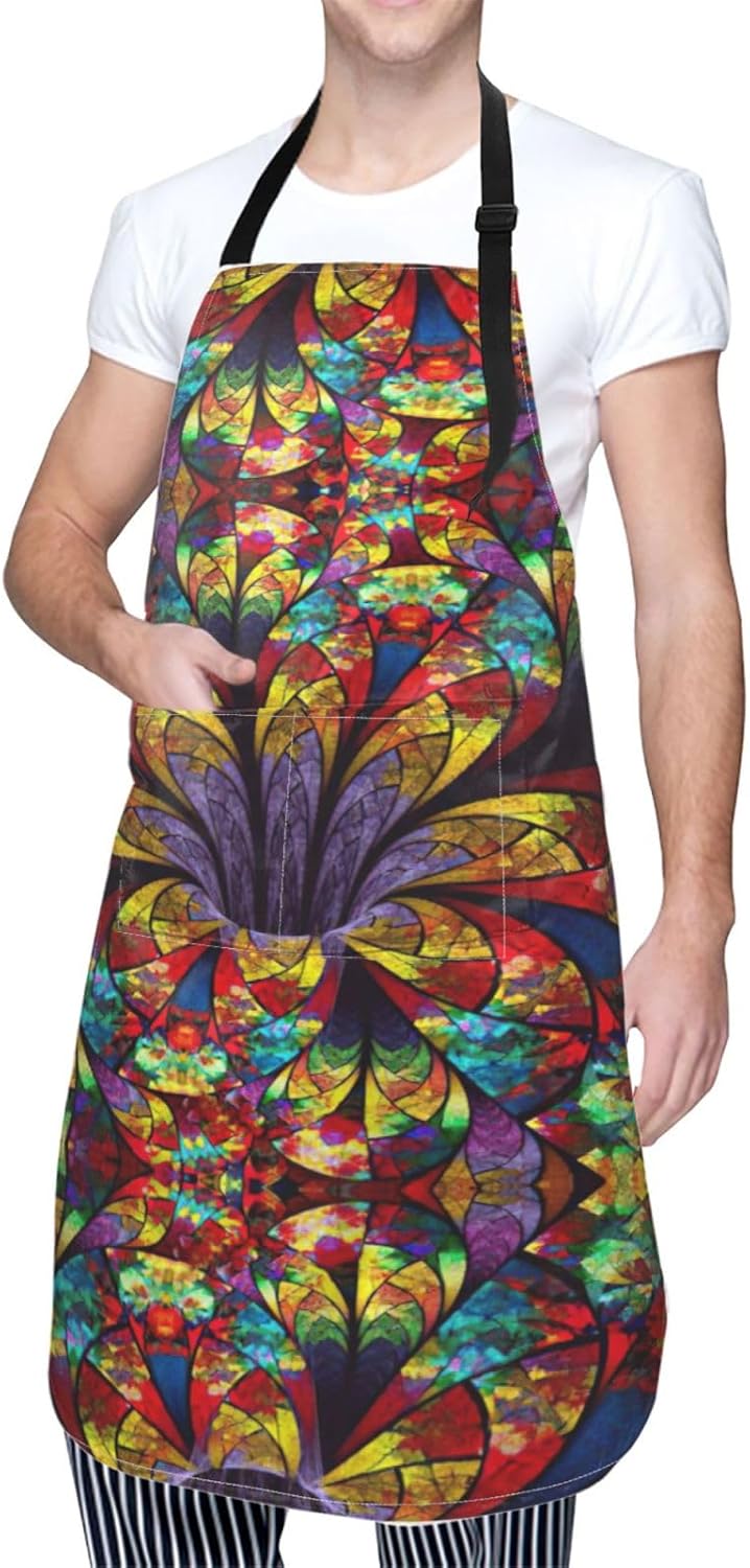 flower stained glass Print Laundry apron 28x33 In Waterproof Kitchen Apron with Pockets for Cooking Baking