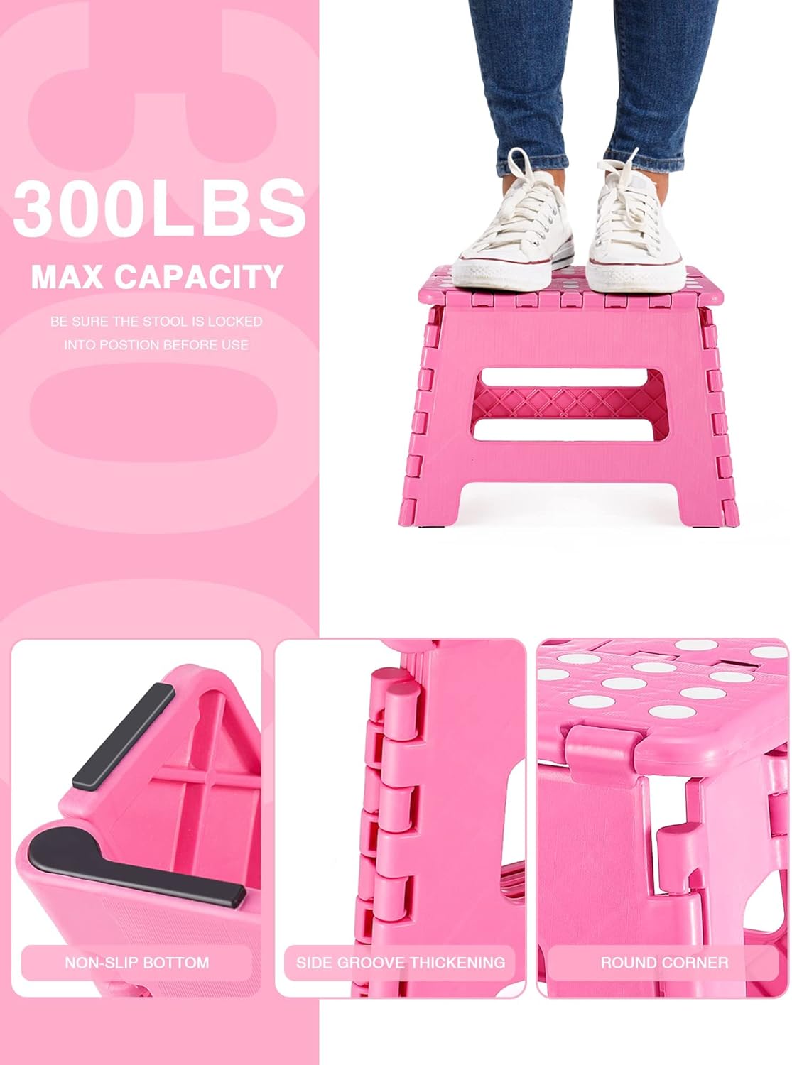 Dyforce Folding Step Stool 9 Inch, Kids Step Stool, Heavy Duty Step Stools for Adults, Compact Foot Stools, Light-Weight Toddler Step Stools for Kitchen, Bathroom, Holds Up to 300 lbs (Pink)