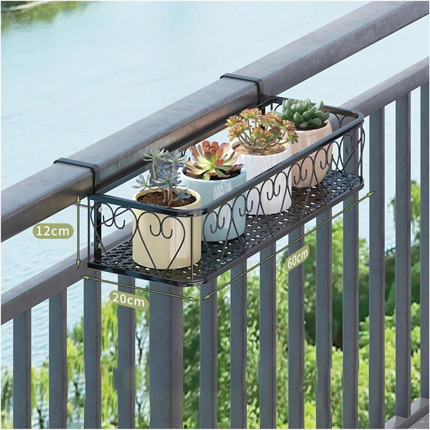 Rail Planter Box, Balcony Fence Planters, Window Sill Shelf for Flowers, Railing Hanging Plant Stand, Outdoor Garden Decor (20x60x12cm)
