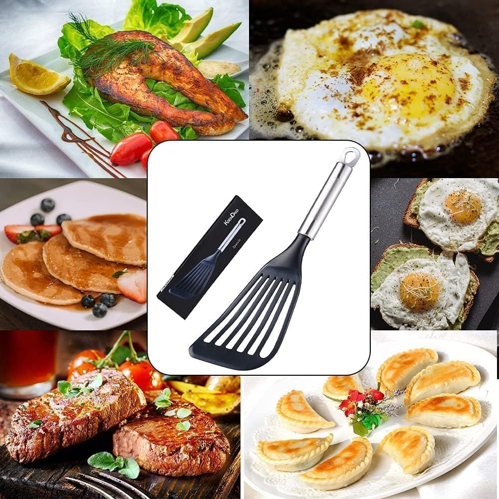 KSENDALO LFGB Certified Nylon Fish Spatula, Slotted Egg Turner for Nonstick Cookware – Flexible Wide Blade Kitchen Flipper for Eggs, Omelets, Pancakes, Dishwasher Safe (Max. 410°F)