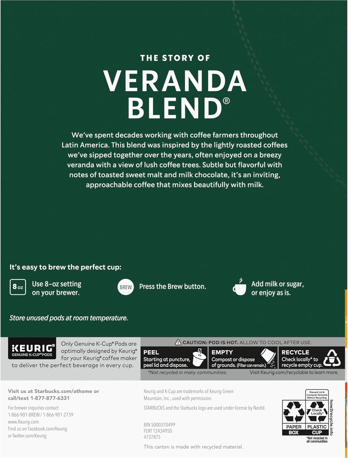 Starbucks K-Cup Coffee Pods, Starbucks Blonde Roast Hot or Iced Coffee, Veranda Blend, 96 Keurig Pods