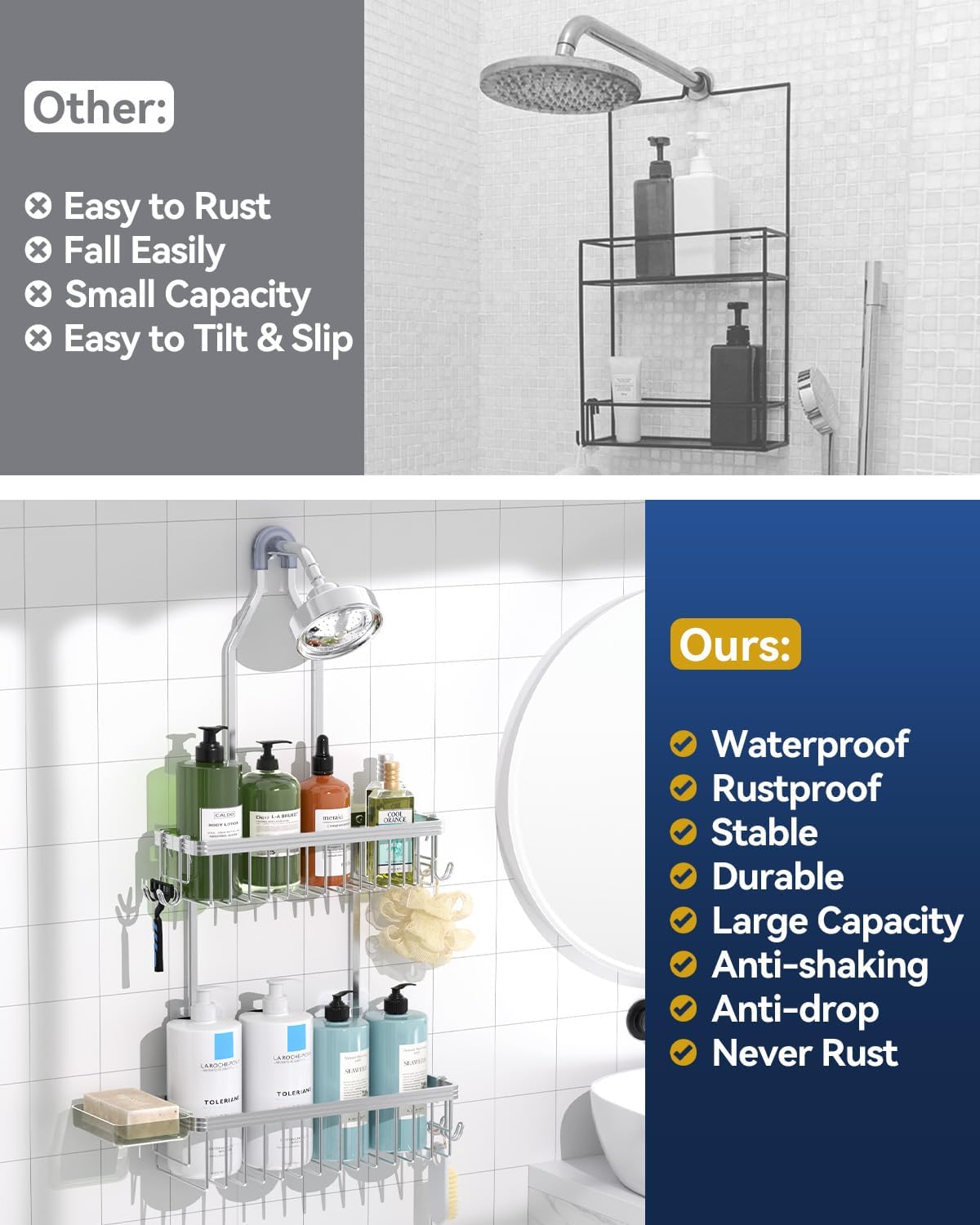 YASONIC Shower Caddy Hanging, Never Rust Shower Organizer Hanging, Aluminum Shower Racks for Inside Shower with Hooks for Razor, Bathroom Organizers and Storage with Soap Holder, Bright Silver