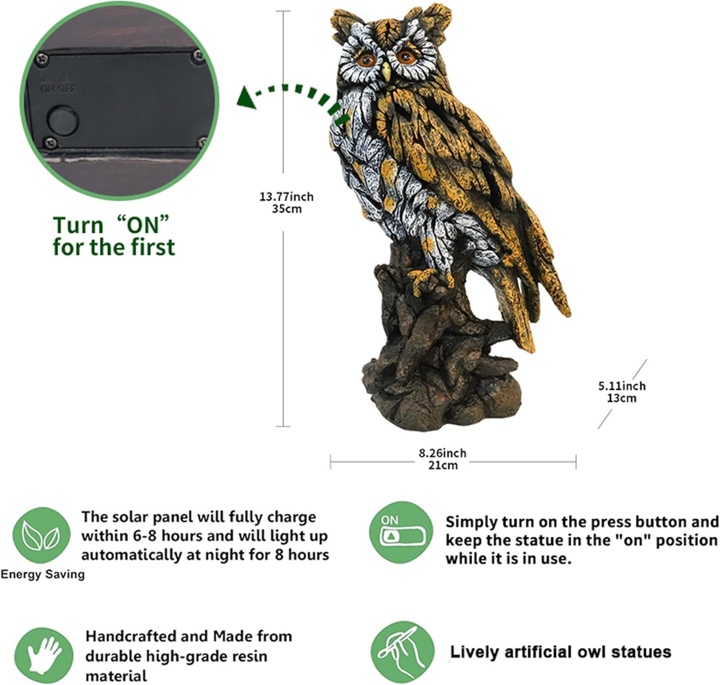 Solar Owl Resin Statue Hand - Painted Garden Decor with LED Light, Perched on Tree Stump Figurine for Outdoor Indoor Yard Patio Home Decoration