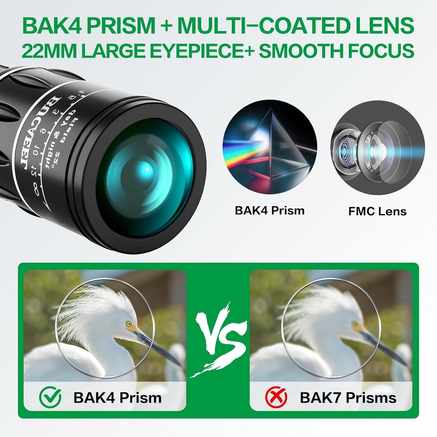 Monoculars for Adults High Powered,BAK4 Prism Monocular Scope with Large Eyepiece,Portable Telescopic Carabiner, Compact Handheld monoscope for Bird Watching,Hiking & Travel