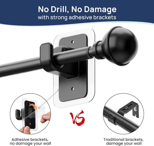 ENJOYBASICS No Drill Curtain Rods for Window 28 to 47 Inches, 5/8 Inch Diameter Renter Friendly Drapery Rod with Adhesive Brackets without Drilling, Adjustable from 27 to 52 Inches, Black