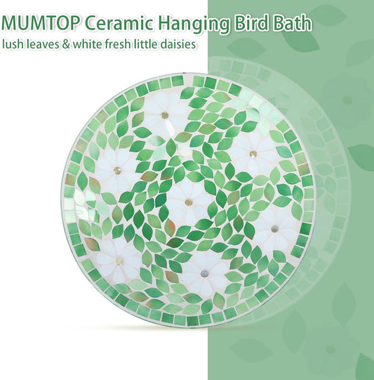 MUMTOP Mosaic Hanging Bird Bath-Bird Baths for Outdoors - 12 Inch Glass Birdbath Bird Water Bowl Bird Feeders for Outside, Garden, Lawn Yard Decor(Flower & Leaf)