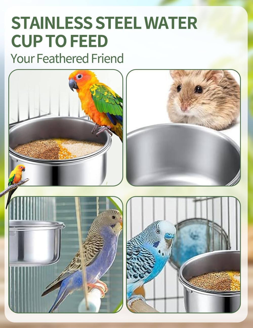 2 Pack Bird Feeding Dish, Parrot Food Bowl Clamp Holder Coop Cup, Cage Water Bowl for Parakeet African Greys Conure Cockatiels Lovebird Budgie Chinchilla