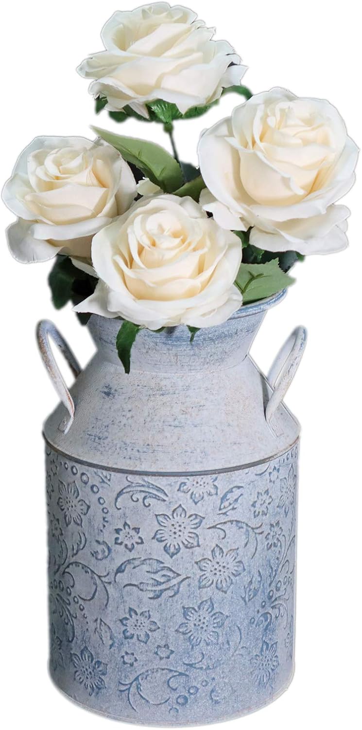 Galvanized Milk Can Antique Retro Vase Metal Planter Rustic Vintage Primitive Flower Holder Farmhouse Country Plant for Home Office Decor, 9.4”