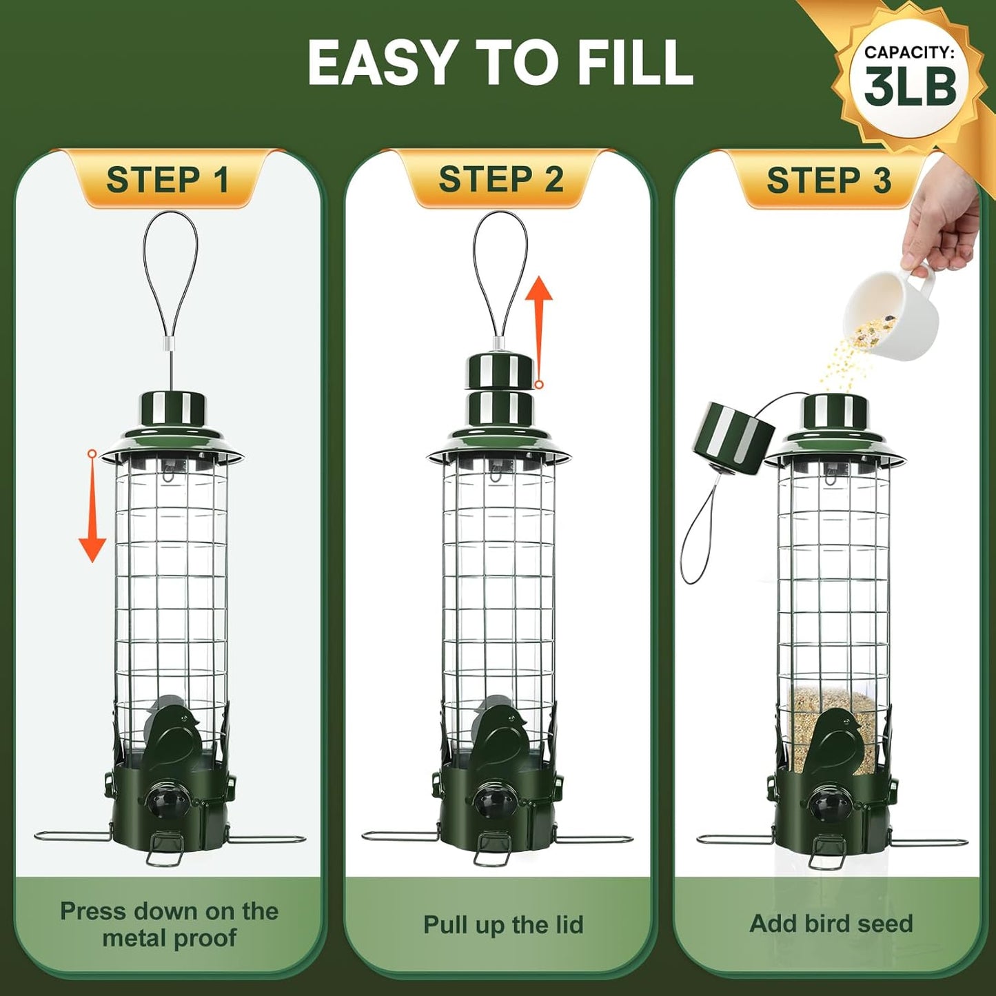 Squirrel Proof Bird Feeders for Outdoor Hanging, Weight Activated Metal Mesh Wild Outside Bird Feeder, 3LB Large Capacity Birdfeeder for Finch Cardinal Chickadee, Green