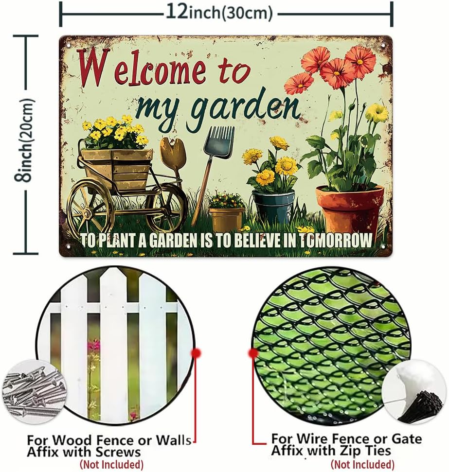 Welcome to My Garden Tin Sign Vintage Metal Sign Flowers and Tools Gardening Gifts Decorations for Home Greenhouse Living Room Bedroom Yard Backyard Outdoor Decor 8X12 Inch