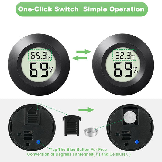 4-Pack Mini Hygrometer Thermometer Indoor Outdoor Round Humidity Meter, Small Digital LCD Monitor Thermometer Temperature Gauge Humidity Sensor (℉) or (℃) for Reptile Thermostat, Jars