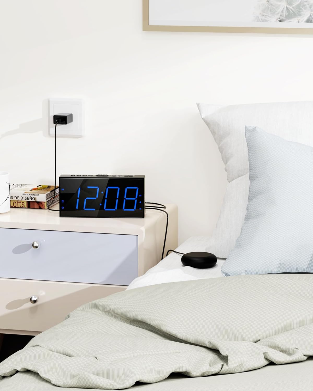 Roxicosly Loud Alarm Clock with Bed Shaker, Vibrating Alarm Clock for Heavy Sleepers/Hard of Hearing/Deaf,Dual Alarms, 7.5’’ Large LED Display, Dimmer, USB Charging Port, Plug-in with Memory Function