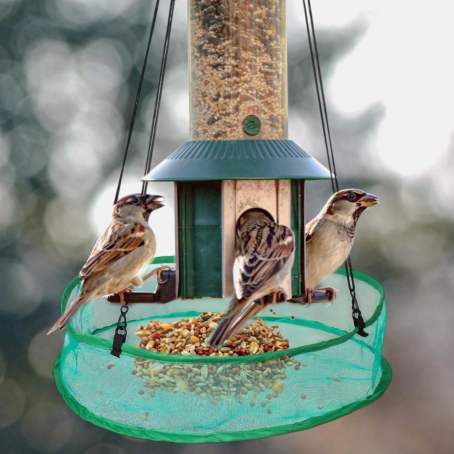 2pcs Bird Feeder Trays, 19.69in Diameter Durable Large Hanging Birdfeeder Mesh Tray with 8 Hanging Ropes and 4 Storage Bags for Outdoor Yard Garden Backyard Attracting Birds(Green)