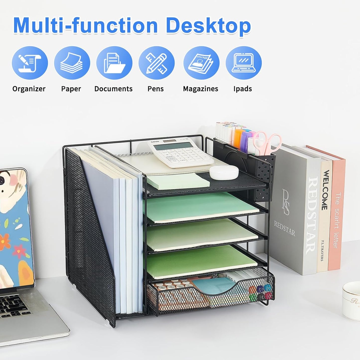 Desk Organizer with Drawer and Pen Holder, 5-Tier Paper Letter Tray Or